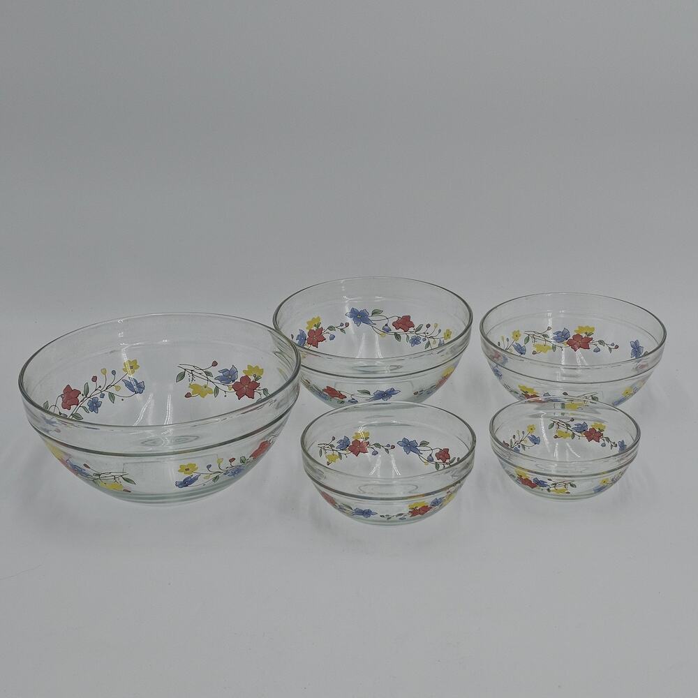 Vintage Graduated Set Of 5 Imperial Glass Nesting Bowls Clear Floral Design